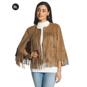 Chicos S 4 US Black Label Fringe Jacket Top Suede Cognac $179 Cape Vest 8051